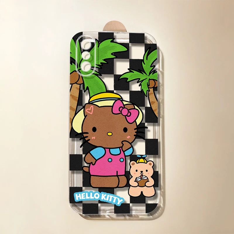 

Sanrio Cartoon Summer Vacation Hello Kitty Checkerboard Pattern 14Plusmobile Phone Shell Soft Full Pack 12Mini Phone Case Promax
