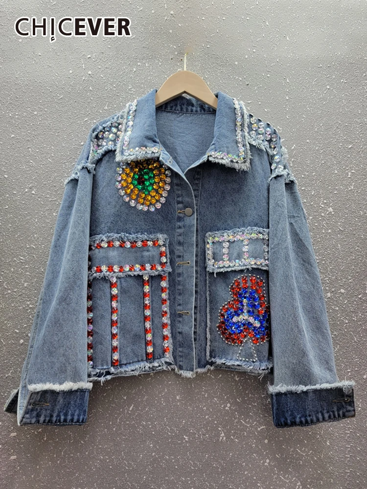 

CHICEVER Vintage Patchwork Diamond Jackets For Women Lapel Long Sleeve Spliced Raw Hem Casual Hit Color Denim Coats Female New