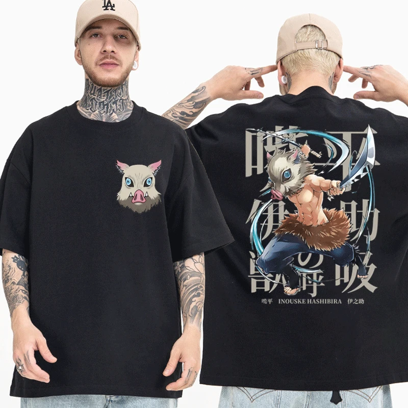 

Men's T Shirt Demon Slayer Kimetsu No Yaiba Inosuke Pig Boy Funny Mashup Black T-Shirt Breathable Cotton Tee Shirt Short Sleeve