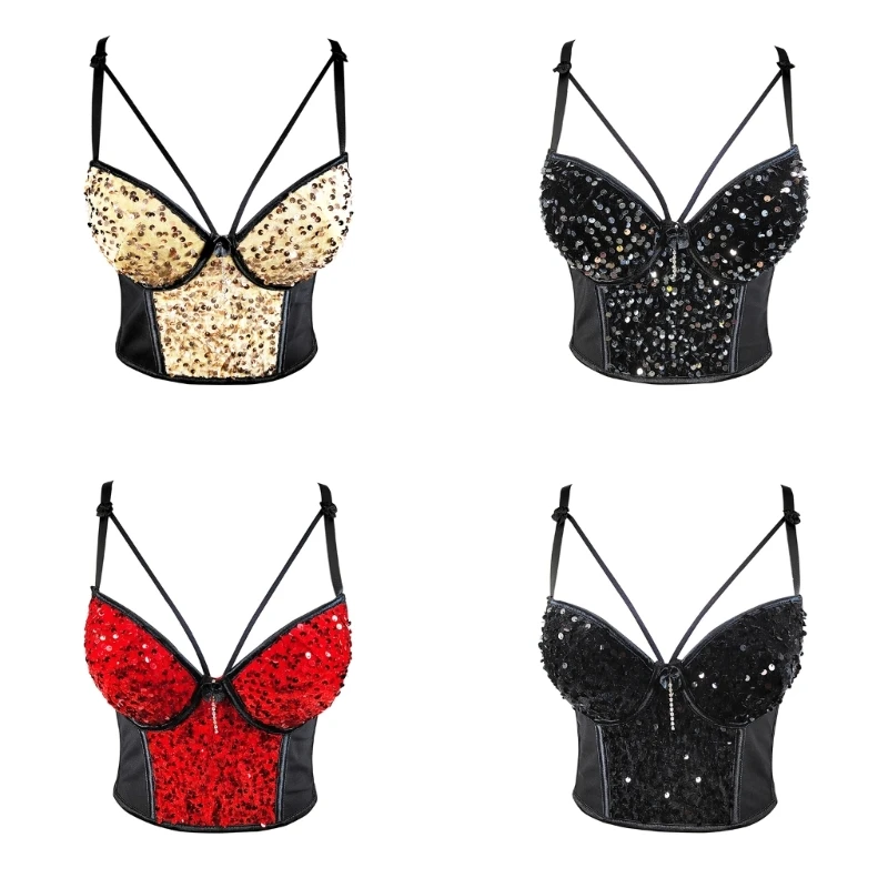 

Women Strappy Camisole Crop Top Glitter Sequins Mesh Patchwork Bustier Corsets