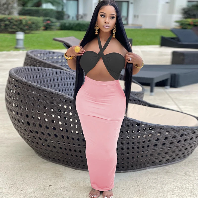 

Off The Shoulder Bodycon Maxi Elegant Dresses for Women 2022 Summer Y2k Clothes Halter Waist Band Cut Out Backless Beach Vestido