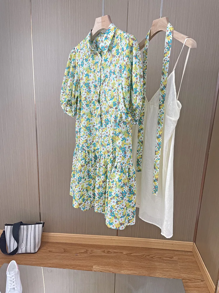 Women Sweet Daisy Print Mini Dress 2022 Summer Two Piece Set Loose Ladies Short Sleeve Single-Breasted Ruffles Trim Short Robes