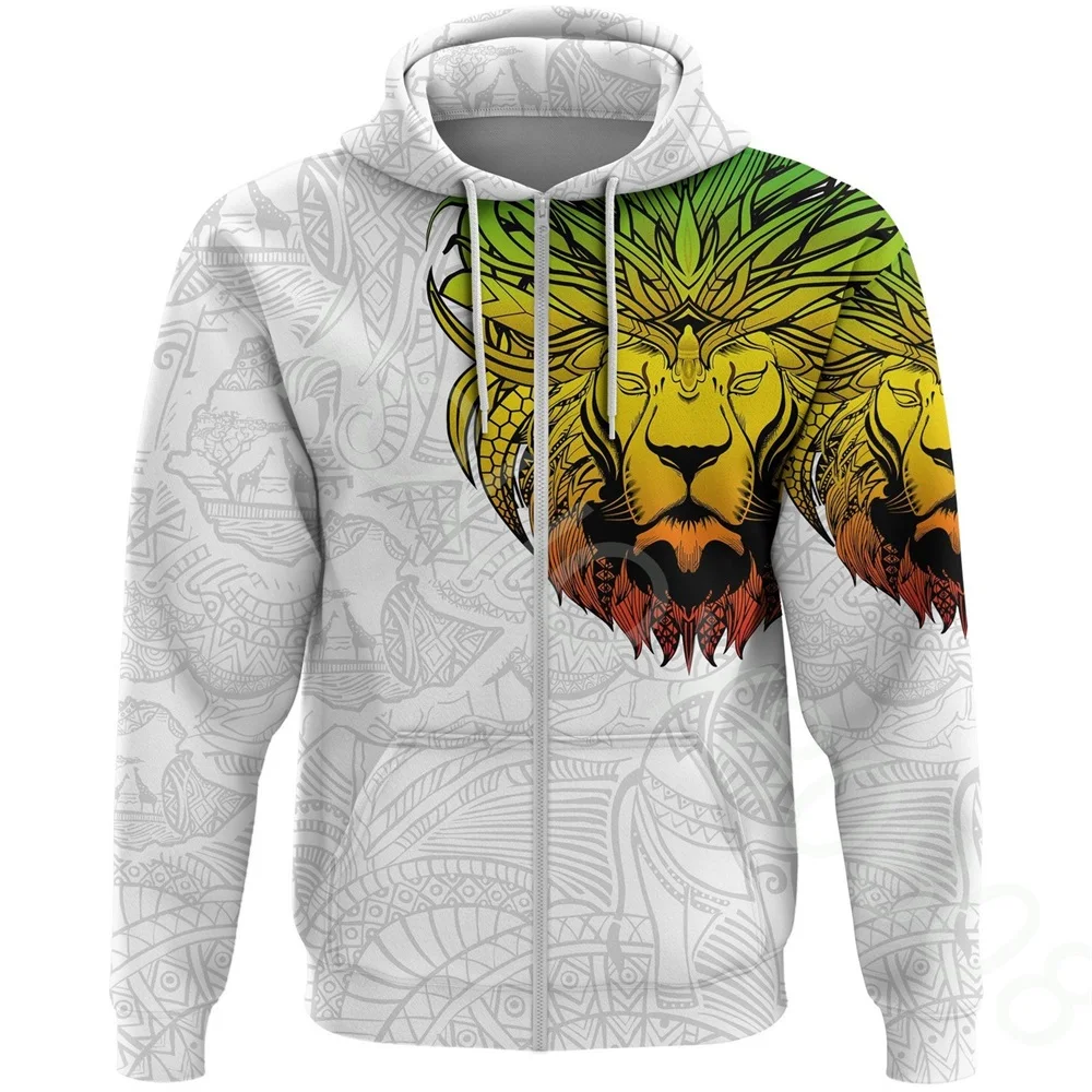 

African region country men's sports and leisure sweater zipper loose Ethiopian lion pattern African white zipper hoodie