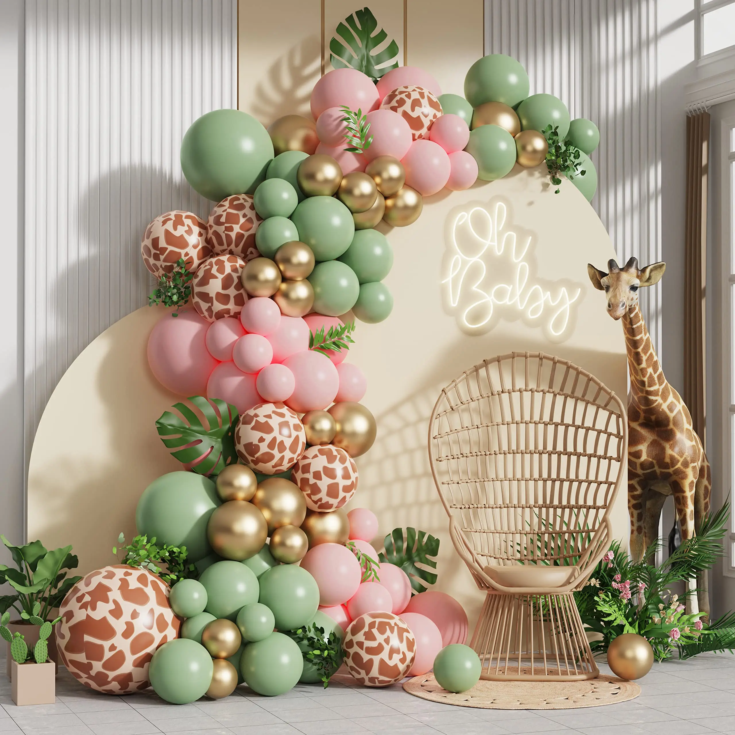 116/137pcs Jungle Birthday Party Giraffe Printed Balloon Garland Wild Baby Shower Decoration Pink Sage Green Arch |