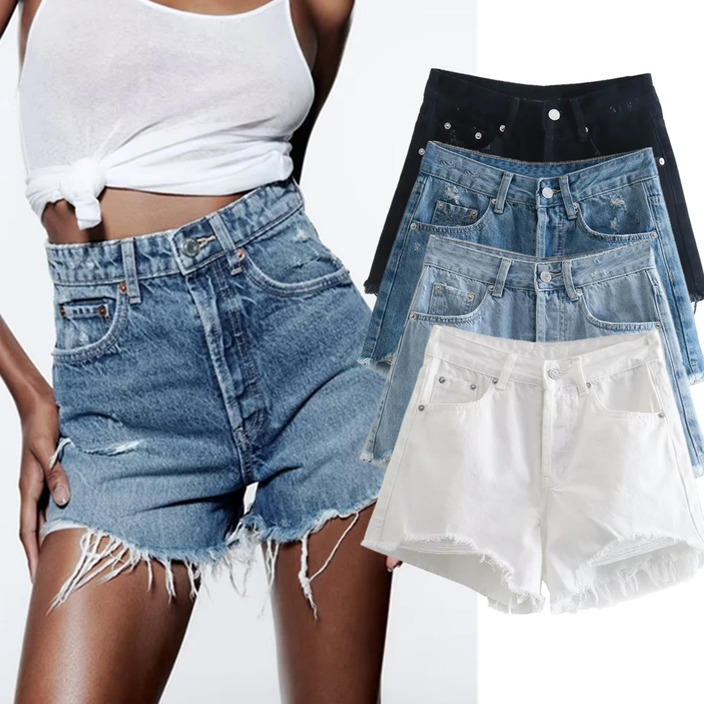 Dave&Di Summer Pure Cotton Girls High Street Frayed Distressed Denim Mom Fashion Shorts Women Casual Bermuda