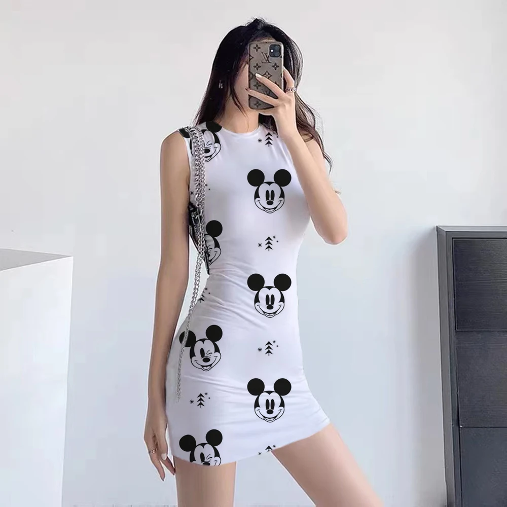 

Sexy Bodysuit Women Mid Length Pencil Skirt Disney Short Sleeve Summer Mickey Mouse Print O Neck Robe Street Sleeveless Dress