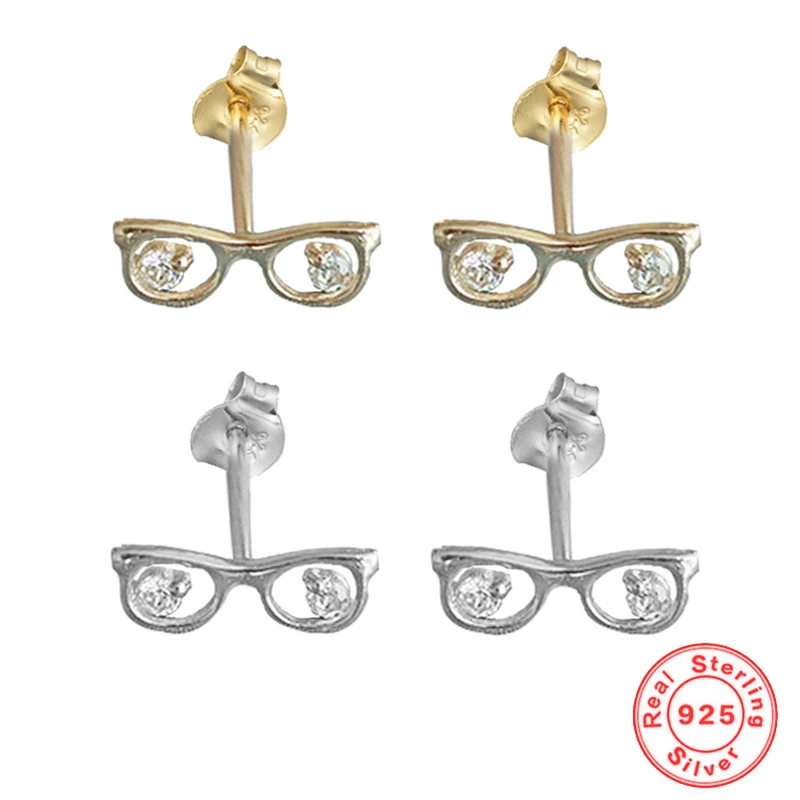 

925 Sterling Silver Plated 14K Gold Zircon Mini Glasses Stud Earrings for Women Retro Cute Gold Silver Color Fashion Earrings
