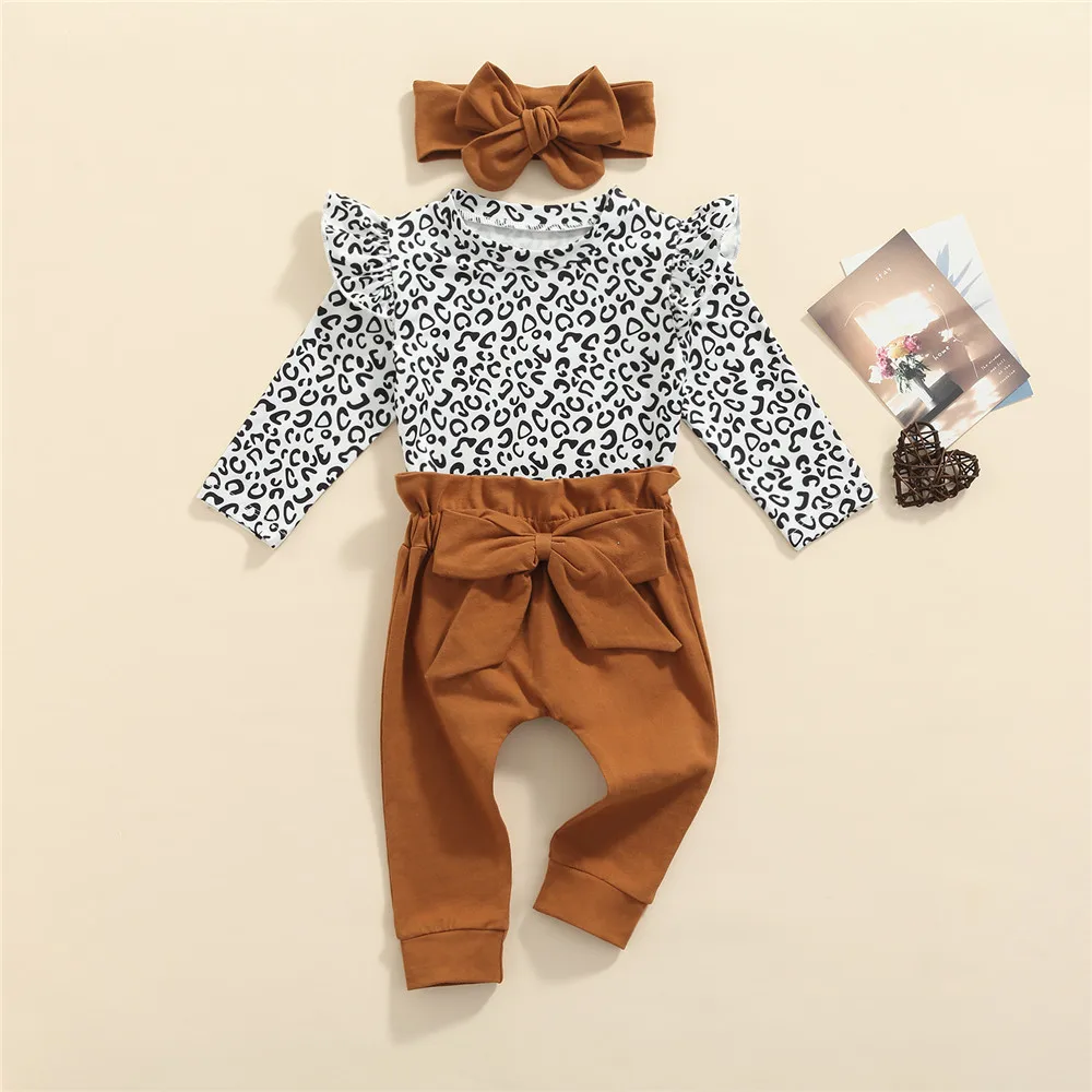 

Baby Girl Fashion Clothing Set Leopard Bodysuit Romper Bow Pants Headband 0-24M Newborn Infant Toddler Spring Fall Outfits 2022