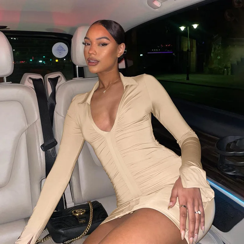 

Women's New Sexy Deep V Lapel Long Sleeve Pleated Tight Dress Wrap Hip Skirt Travel