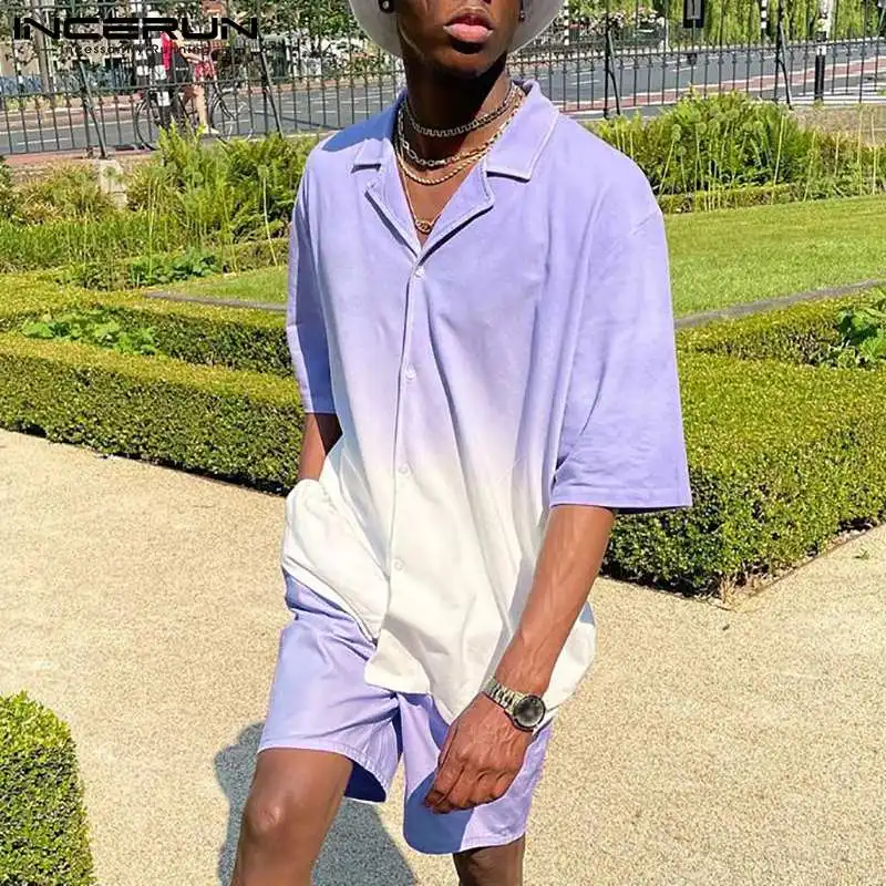 

Men Casual Sets Tie Dye Vacation Streetwear Gradient Short Sleeve Shirt & Shorts Two Pieces Men Hawaiian Suits S-5XL INCERUN