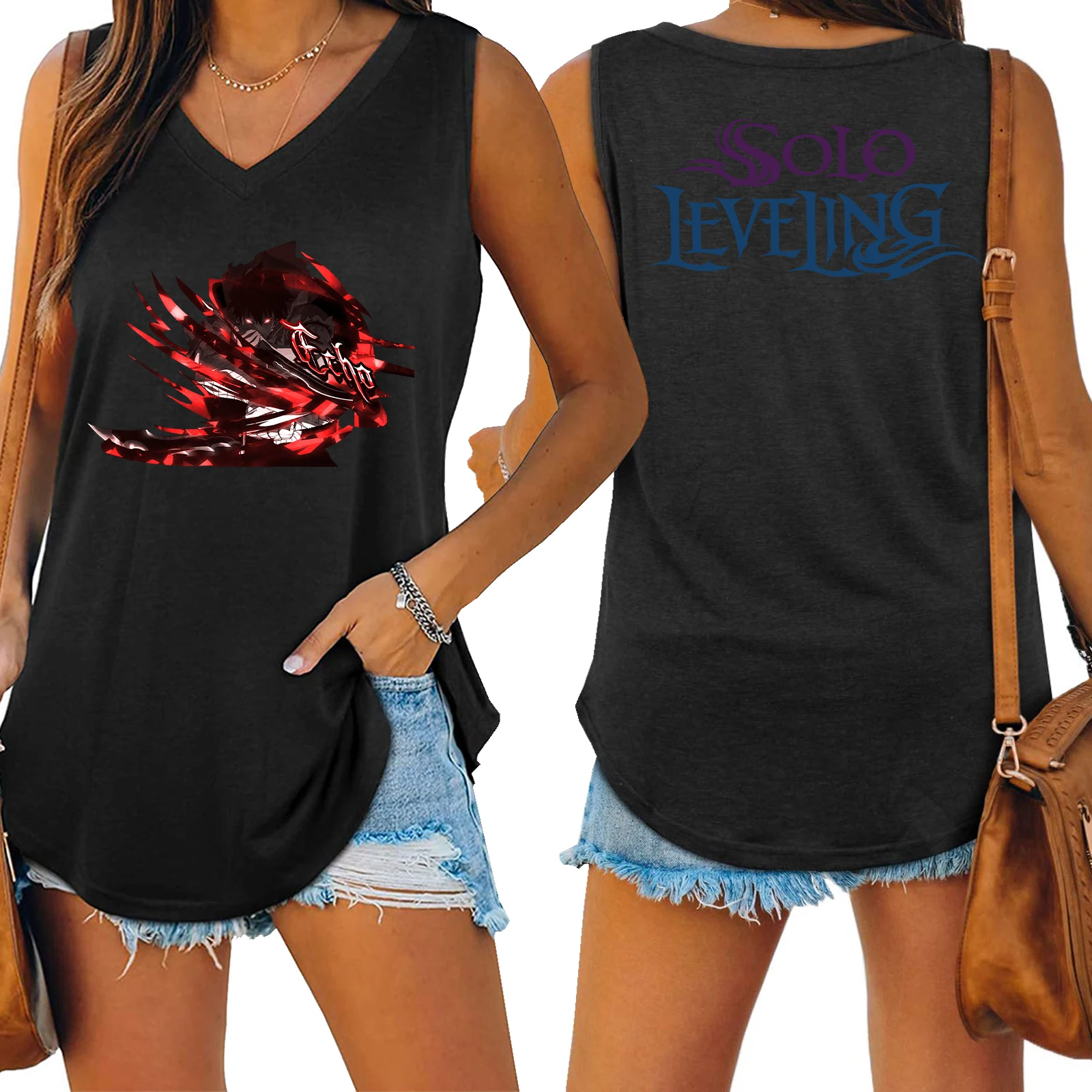 Solo Leveling Echo Tank Женский жилет с v-образным вырезом Свободный женский топ без рукавов
