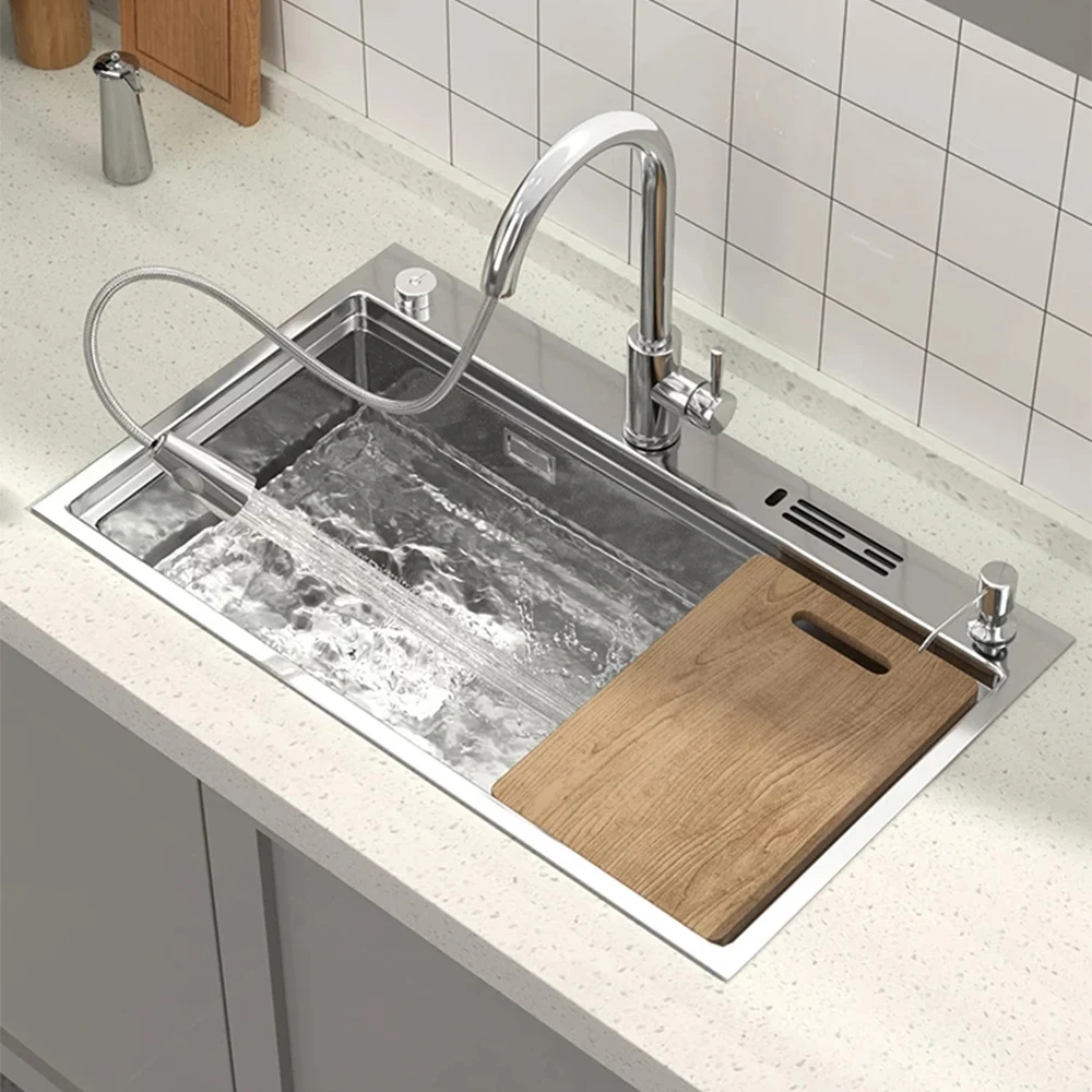 304 Stainless Steel Stepped Design Kitchen Sink Controlled Drainage Of Countertop Topmount Big Size Single Bowl Basin