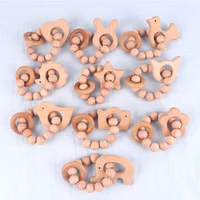 safety beech wood baby teethers cartoon wooden beads newborn teething bracelet hand grab rattle toys baby shower gift