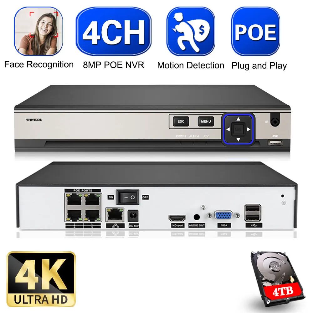 

Видеорегистратор 4K POE NVR IP, 4-канальный сетевой видеорегистратор с функцией распознавания лица для систем видеонаблюдения с IP-камерами XMEYE, 4-канальный сетевой видеорегистратор 8 МП