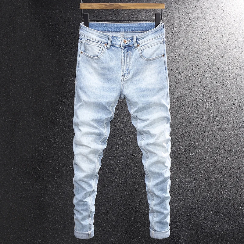 

Fashion Designer Men Jeans Retro Light Blue Stretch Slim Fit Ripped Jeans Men Leisure Trousers Vintage Casual Denim Pants Hombre