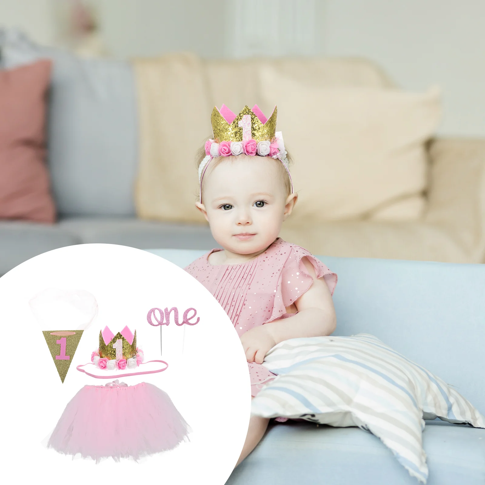 

1 Set Mesh Design High Chair Banner Infant Birthday Crown Party Cake Insert