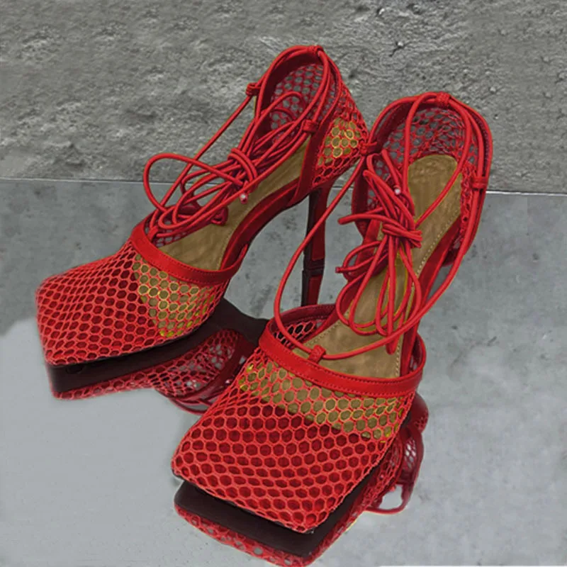 

Women's shoes 2021 European and American Fashion Sandals Mesh Breathable Square Toe Strap Ladies High Heels