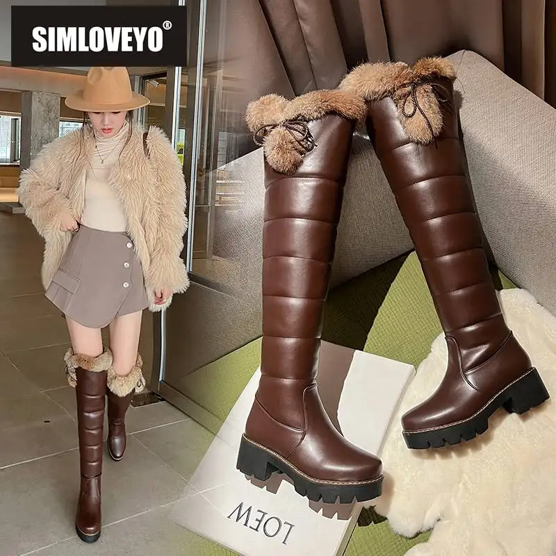 

SIMLOVEYO плюшевые теплые меховые зимние сапоги на блочном каблуке 6,5 см с круглым носком без застежки большого размера 42 43 на платформе зимние сексуальные сапоги для женщин