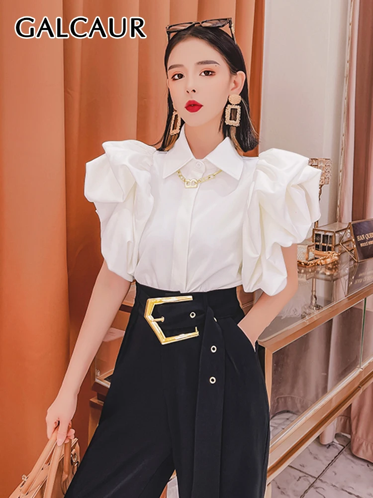 

GALCAUR Minimalist Chic Shirt For Women Lapel Butterfly Short Sleeve Loose Patchwork Ruffles Solid Blouses Female Clothing New