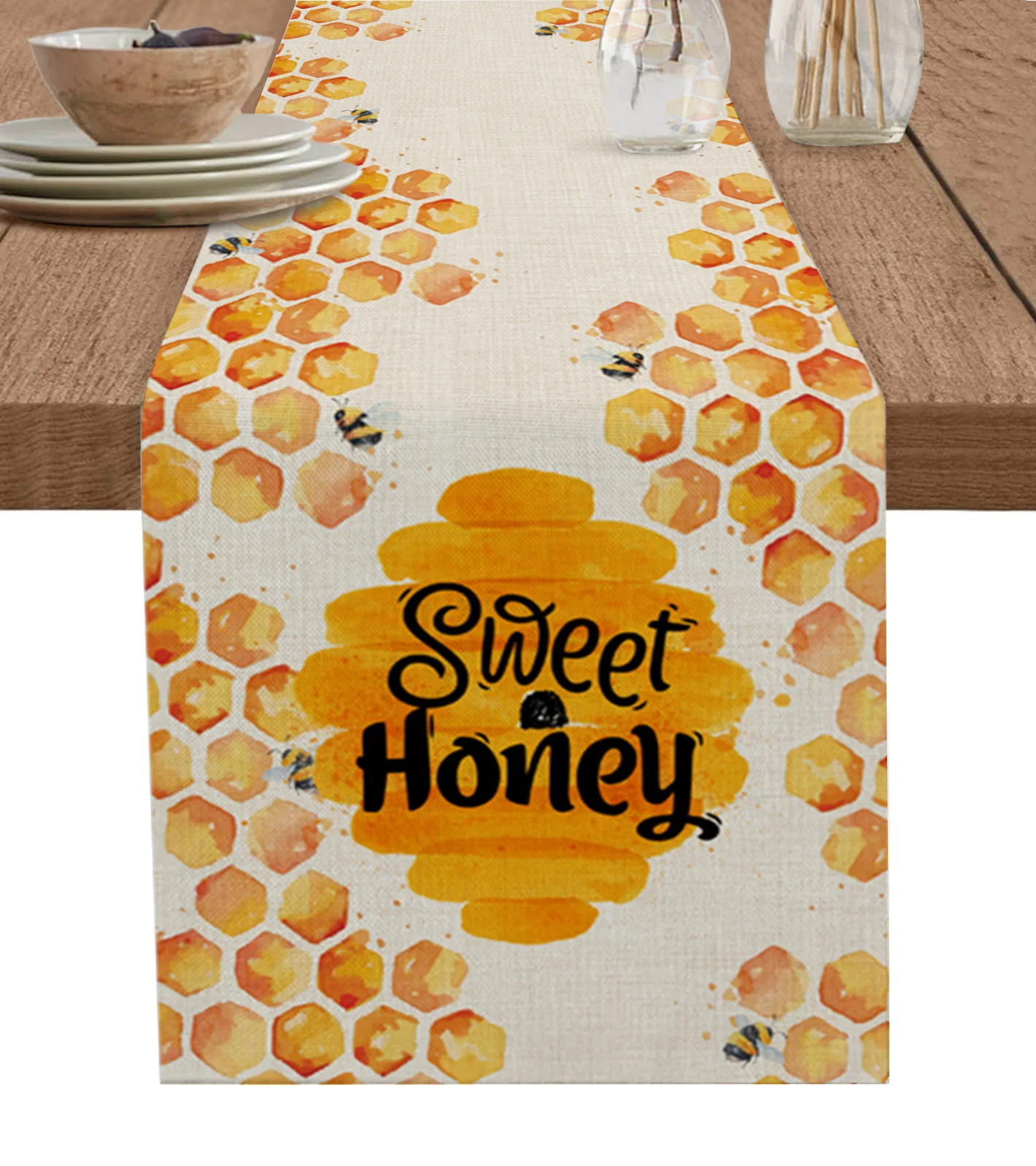 

Bee Hive Watercolor Table Runner Cotton Linen Kitchen Dining Table Decor Rustic Wedding Holiday Tablecloth