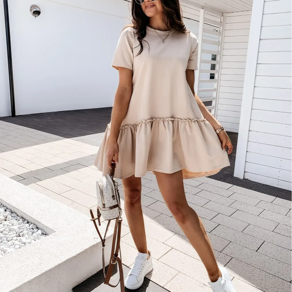 

2023 Summer Solid Short Sleeve Loose Round Neck Ruffle Dress for Women