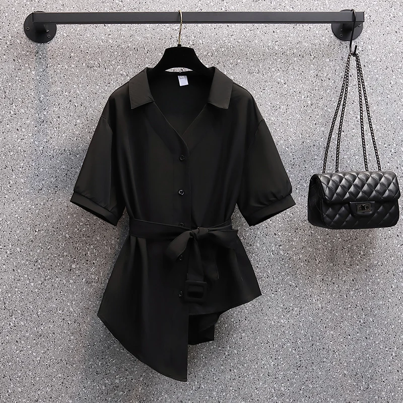 Plus Size Women Clothing Summer Sexy Shirt Fashion Women Top Short Sleeve Blouse Casual Women Shirt OL Belt Elegant Women Shirts