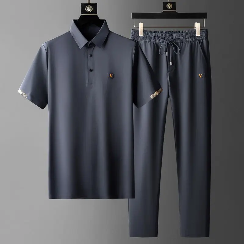 Black Summer New Men's Sets , Dark Blue Thin Quick-drying Suit Casual Polo Shirt Elastic Loose Trousers,   Fashion  2 Piece Set images - 6