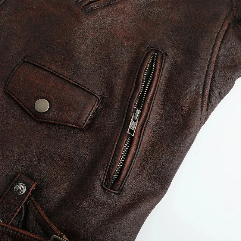 Мужская мотоциклетная куртка первого слоя из воловьей кожи с лацканами тонкая
