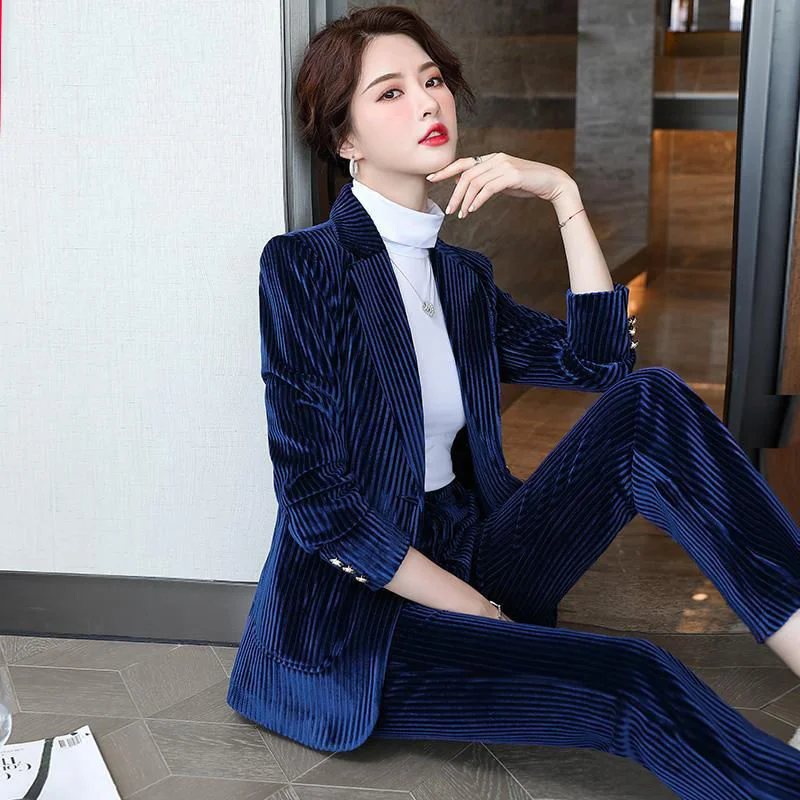 2022 New Spring Ladies Two-piece Suit Fashion High-quality Gold Velvet Button Stitching Jacket and Pants Suit Women Suits Lo210
