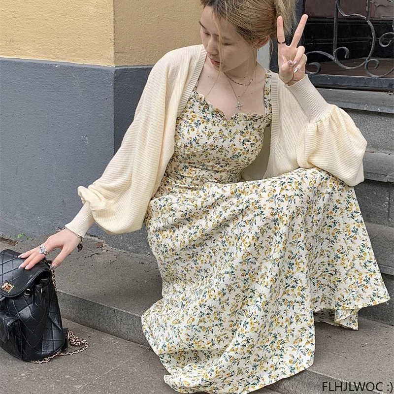 

M-4XL Long Chic Vestidos 2023 Women Sleeveless Dresses Sweet Japan Korea Style Preppy Girls Retro Vintage Flower Holiday Dress