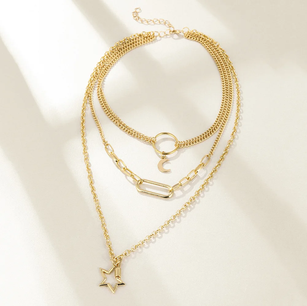 

New Trendy Multilayer Moon Star Pendants Necklaces Women Gold Color Luxury Temperament Metal Chains Chocker Hiphop Jewelry Gift