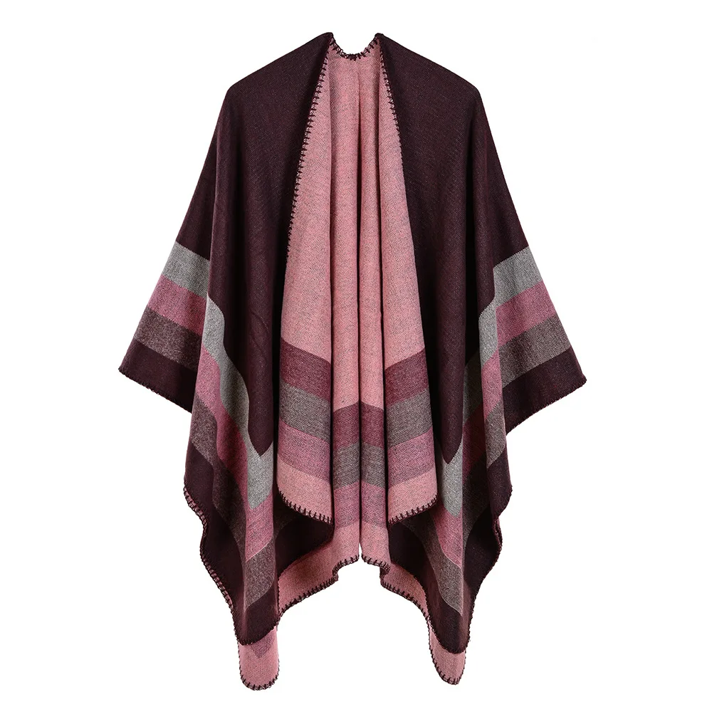 Autumn Winter Women's Imitation Cashmere Warm Air Conditioning Shawl Sunscreen Cloak Tourism Cloak Ponchos Capes Purple