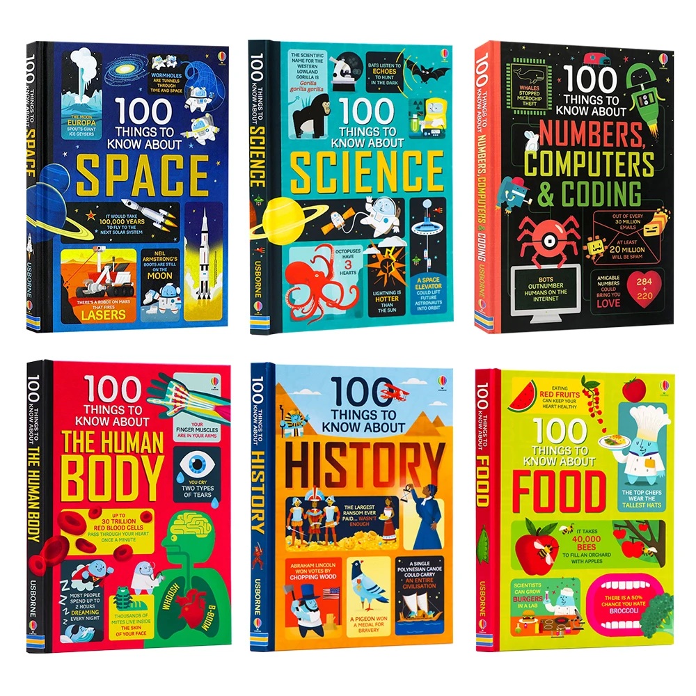 

6 books Usborne 100 Things To Know about Science Space Food History Human Body Kids Hardcover In English Learning Book