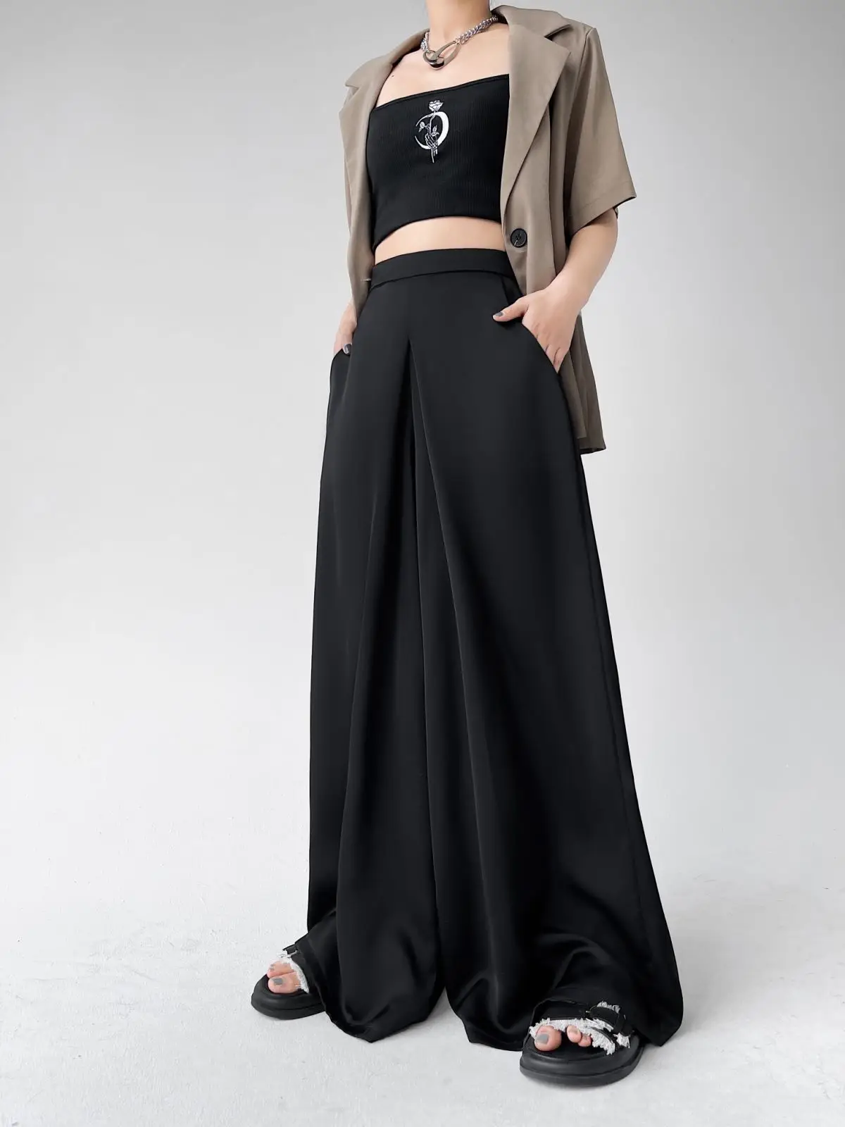 Женские костюмы из ацетатного атласа с высокой талией свободные брюки широкими