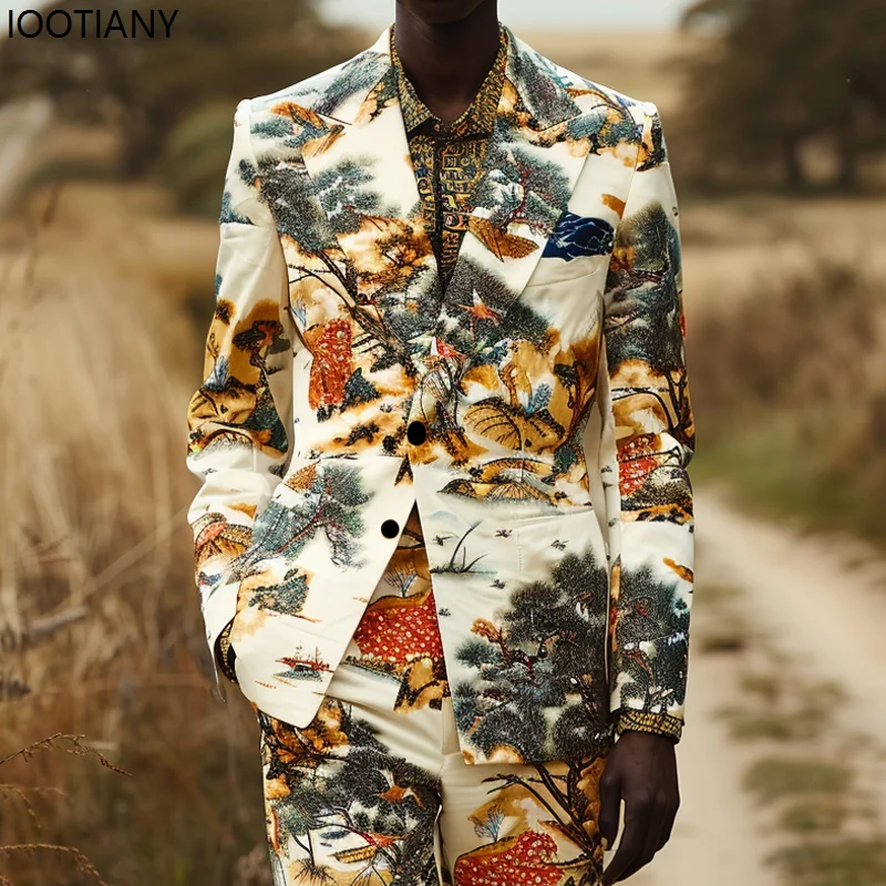 Костюм мужской с разноцветным пейзажем и принтом джунглей пиджак брюки