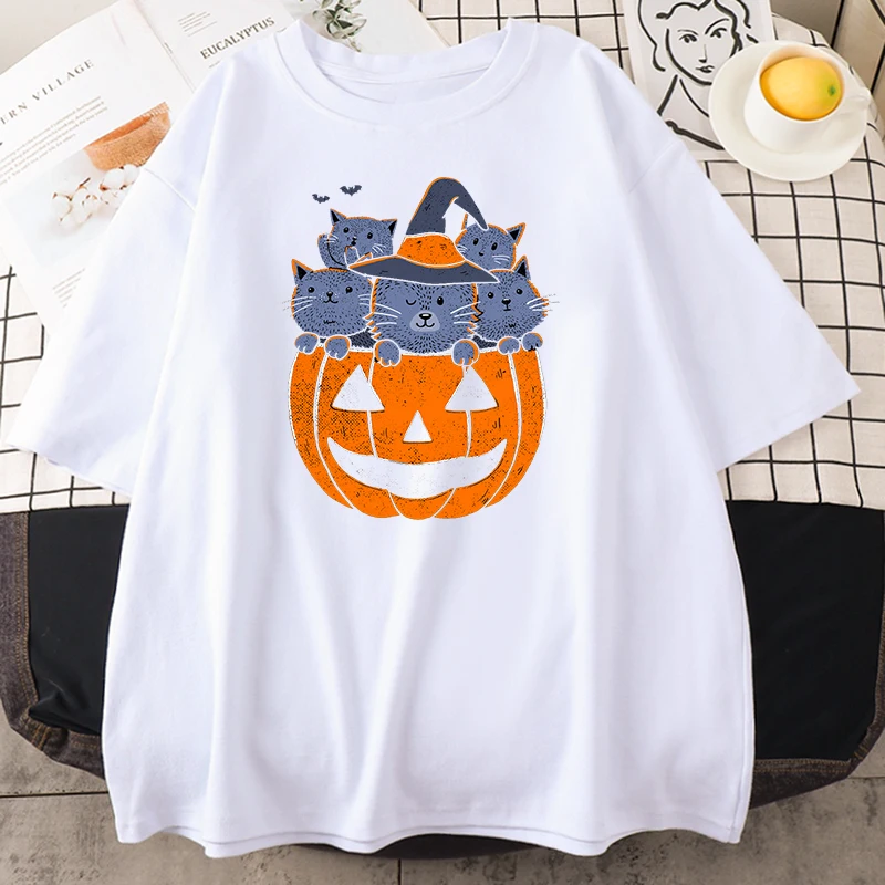 

Women's T-Shirt Halloween Lantern Cat Tricks T Shirt Women 2021 Summer Short Sleeve Harajuku Loose tshirt O-Neck Short Sleeve