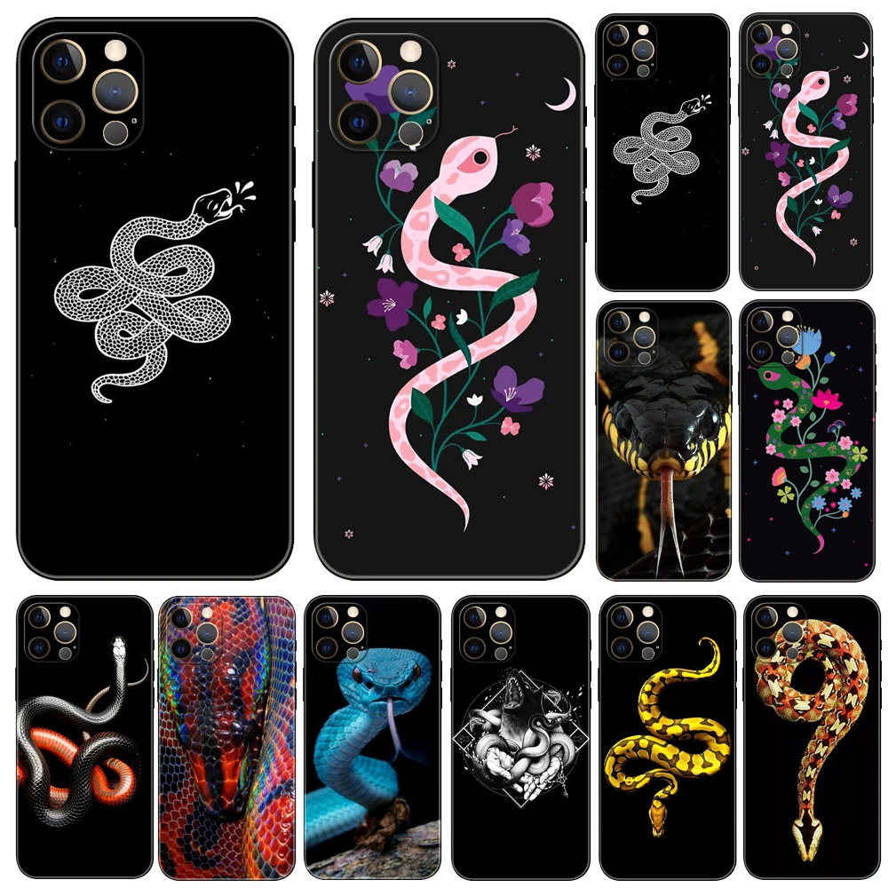 

Черный чехол из ТПУ для iphone 14 se 6 6s 7 8 plus x 10 XR XS 11 12 13 mini pro MAX, задняя крышка с цветами и змеями