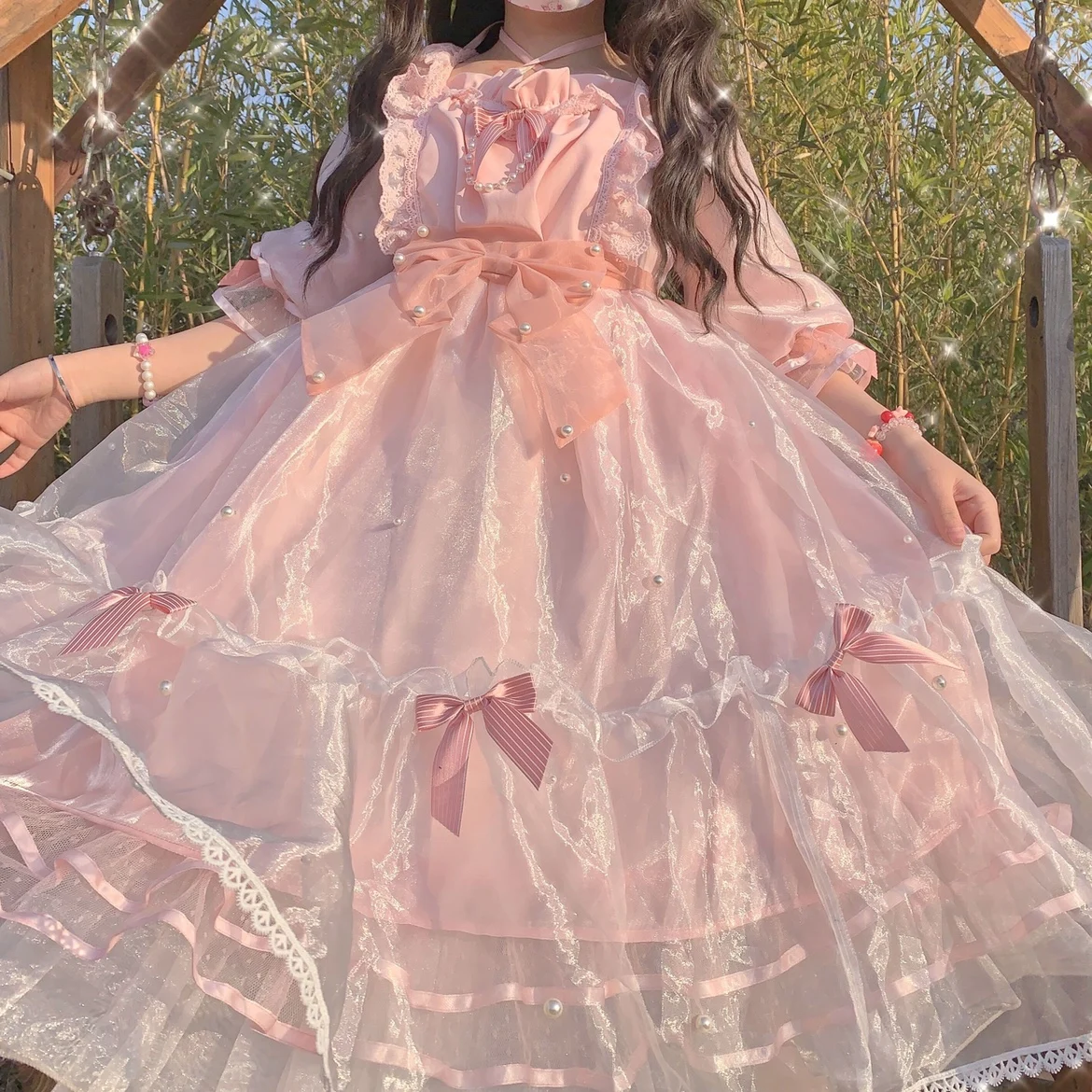 

Lolita Organza Tutu Sweet Cute Girl Ruffles Puff Sleeve Dresses OP Japanese Fairy Princess Dress Women's Summer Fashion Women