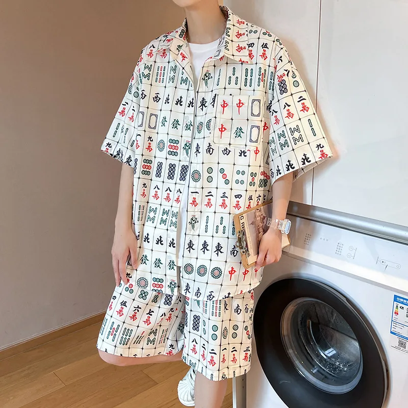 

Men's Casual Button-Down Short Sleeve Hawaiian Shirt Suits Fit Beach Mahjong Print Summer 2 Piece Vacation Outfits Shorts Sets
