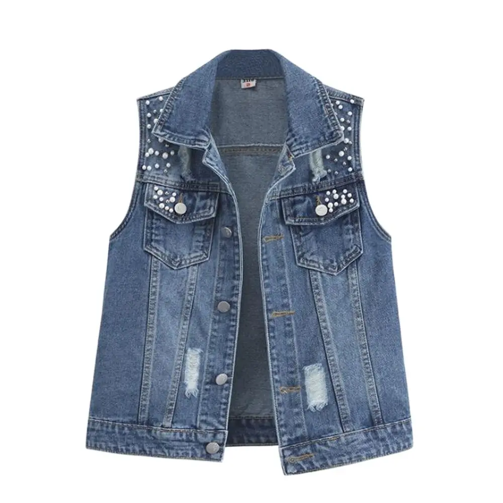 

Vests Women Jeans Sleeveless Jackets Denim Jeans Waistcoat Sprnig Cowboy Denim Coats Outerwear Beaded Overcoat Gilet