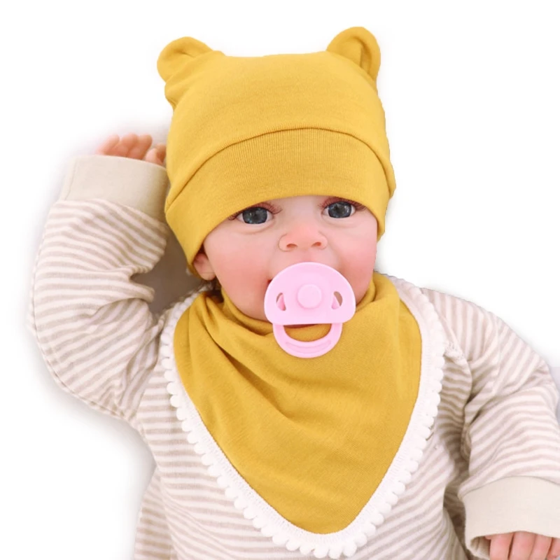 

2Pcs/Set Baby Soft Cotton Tire Hat Feeding Drool Bib Set Newborn Infant Solid Color Warm Cap Saliva Towel Ears Beanie Scarf