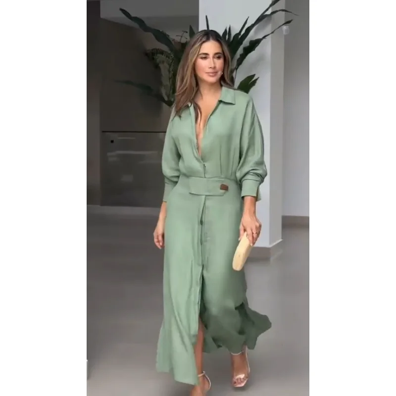 

Новинка 2023, Зеленое Длинное Платье-кардиган, однотонное платье для весны и лета