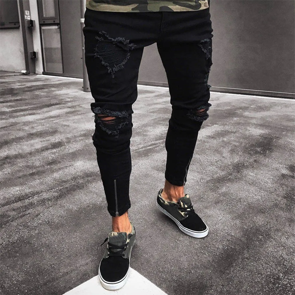 

Men Slim Biker Zipper Denim Jeans Skinny Frayed Pants Distressed Rip Trousers