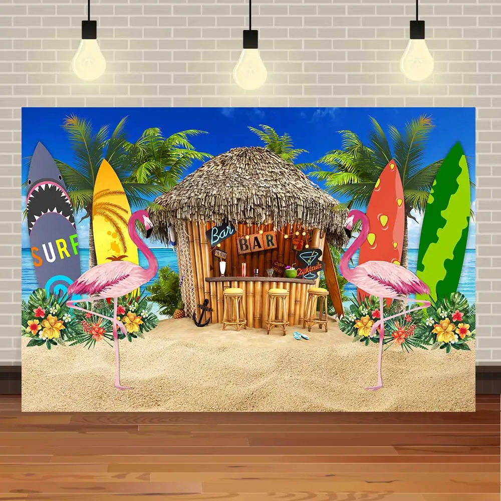 

NeoBack Tropical Flamingo Seaside Surfboard Flower Aloha Hawaii Beach Sea Glitter Backdrop Party Banners Photography Background