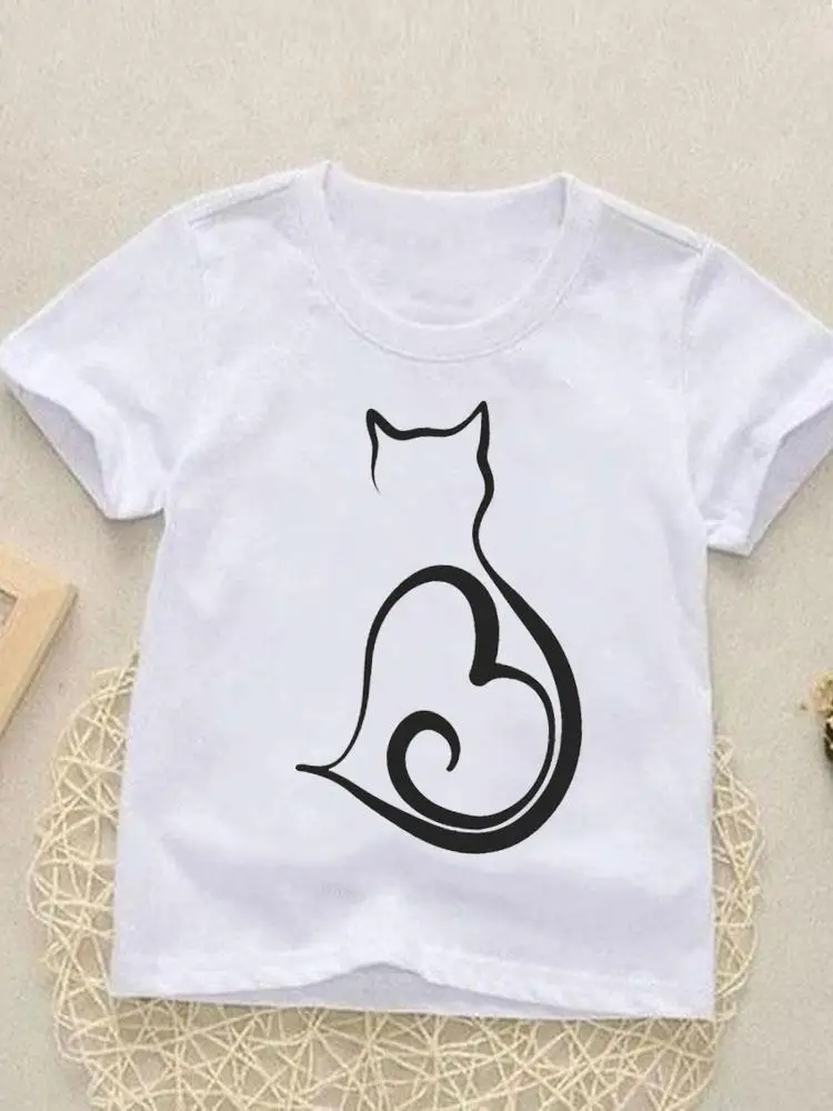 Short Sleeve Printed Cat Love Animal Print Kids Tees Tops O-neck Girls Boys Children Clothes Summer Cartoon Outfits T-shirts
