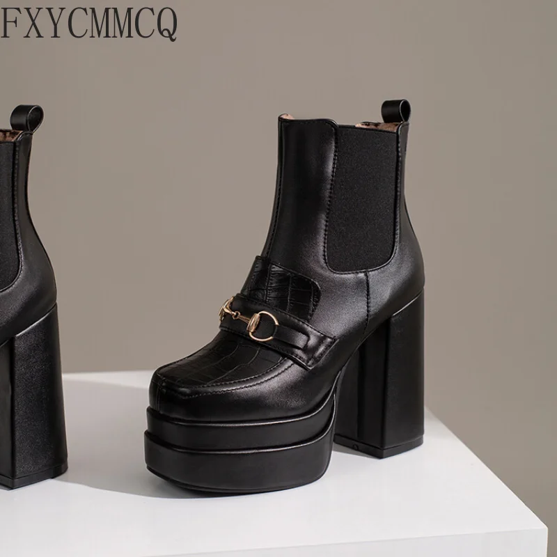 FXYCMMCQ 2022 Autumn and Winter Trendy Square Toe High-heeled Short Boots Temperament All-match Women's Boots 33-67