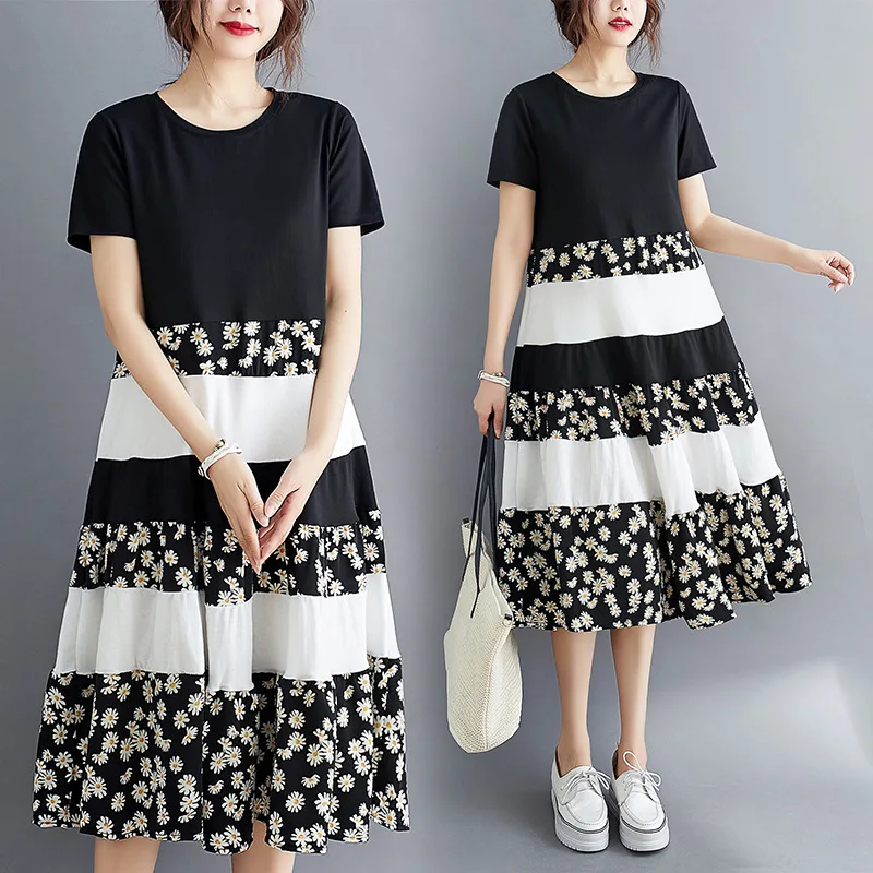 

Женское длинное платье с круглым вырезом, повседневное простое черное платье в Корейском стиле с принтом маргариток, универсальная модель ...