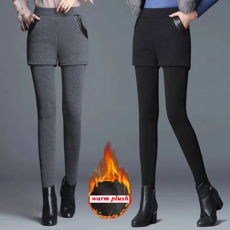 Biyaby Fake Two Piece Fleece Leggings Women Autumn Winter Thicken Warm Plush Pencil Pants Female High Elastic Tight Trousers