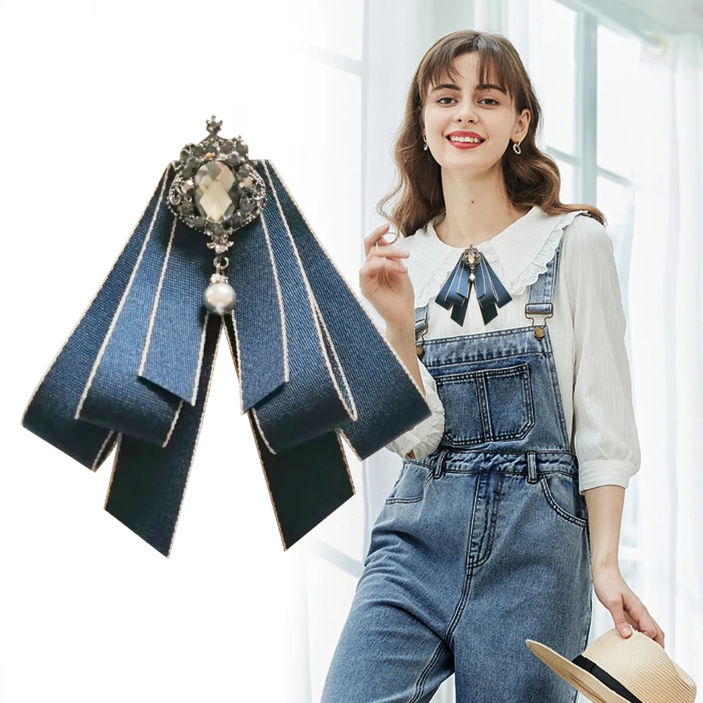 

New Fashion Fabric Bow Tie Cloth Art Flower Pearl Crystal Brooch College Style White Shirt Collar Pins Luxulry Jewelry Brooches