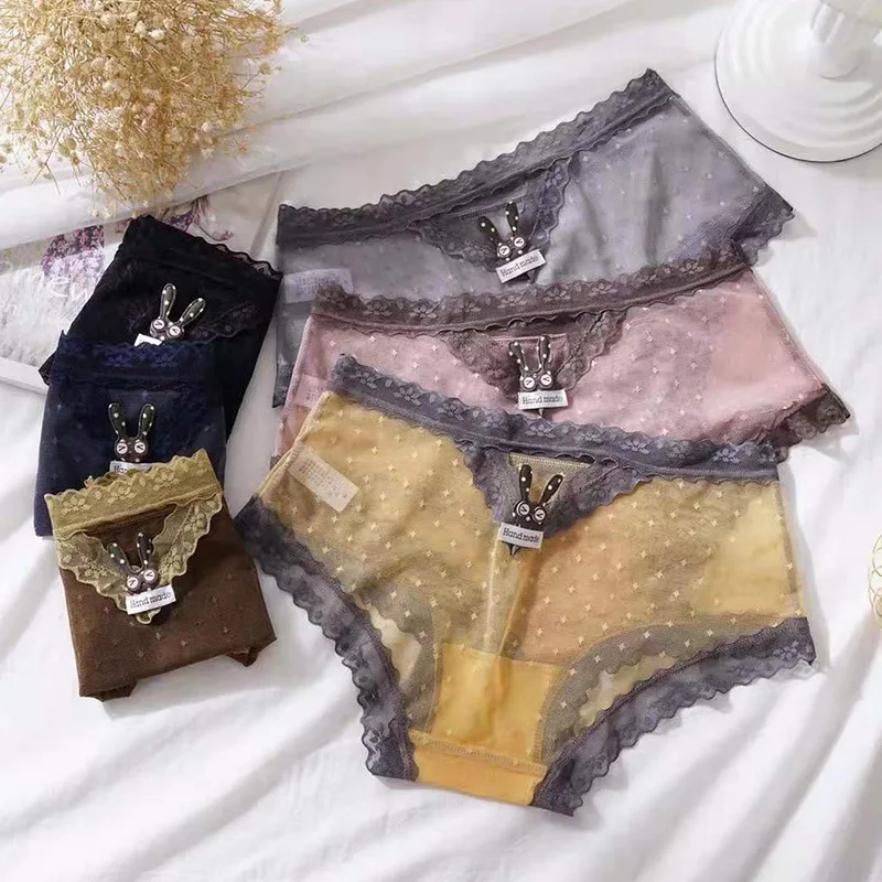 

Women's Cotton Underwear Sexy Lace Panties Mid Waist Seamless Briefs Fashion Cute Rabbit Underpants Female Invisible Lingerie